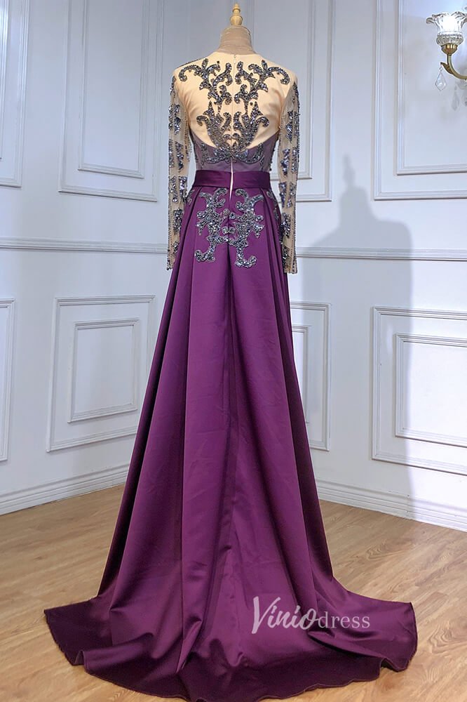 Emerald Green Satin Beaded Evening Dresses Long Sleeve Prom Dress FD30 Viniodress Emerald Green Satin Beaded Evening Dresses Long Sleeve Prom Dress FD30 Viniodress