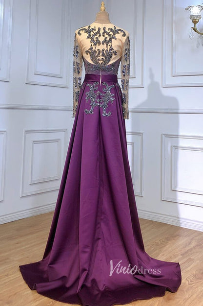 Emerald Green Satin Beaded Evening Dresses Long Sleeve Prom Dress FD3022-prom dresses 2025 -Viniodress-Emerald Green-US 2-