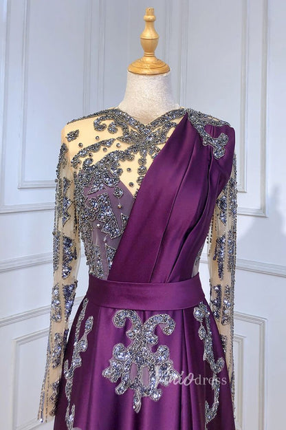 Emerald Green Satin Beaded Evening Dresses Long Sleeve Prom Dress FD3022-prom dresses 2025 -Viniodress-Emerald Green-US 2-