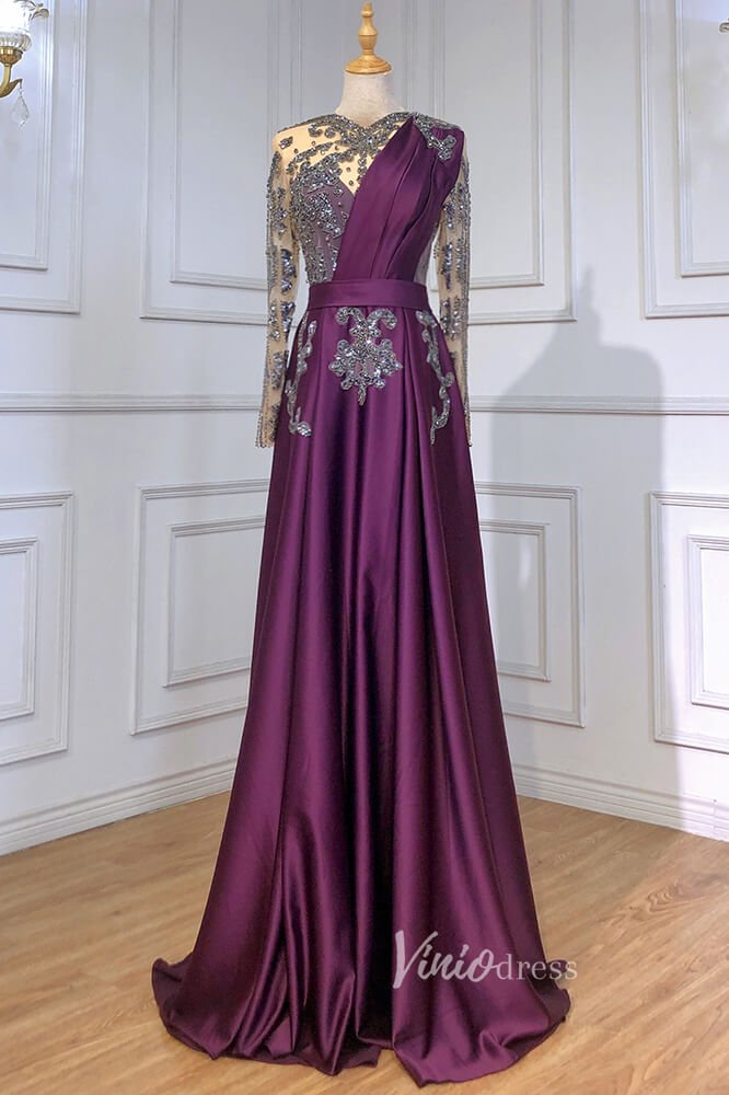 Emerald Green Satin Beaded Evening Dresses Long Sleeve Prom Dress FD30 Viniodress Emerald Green Satin Beaded Evening Dresses Long Sleeve Prom Dress FD30 Viniodress