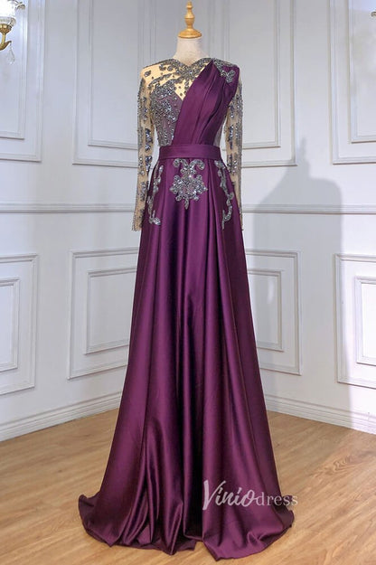 Emerald Green Satin Beaded Evening Dresses Long Sleeve Prom Dress FD3022-prom dresses 2025 -Viniodress-Purple-US 2-