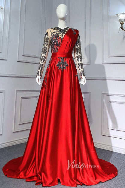 Emerald Green Satin Beaded Evening Dresses Long Sleeve Prom Dress FD3022-prom dresses 2025 -Viniodress-Red-US 2-