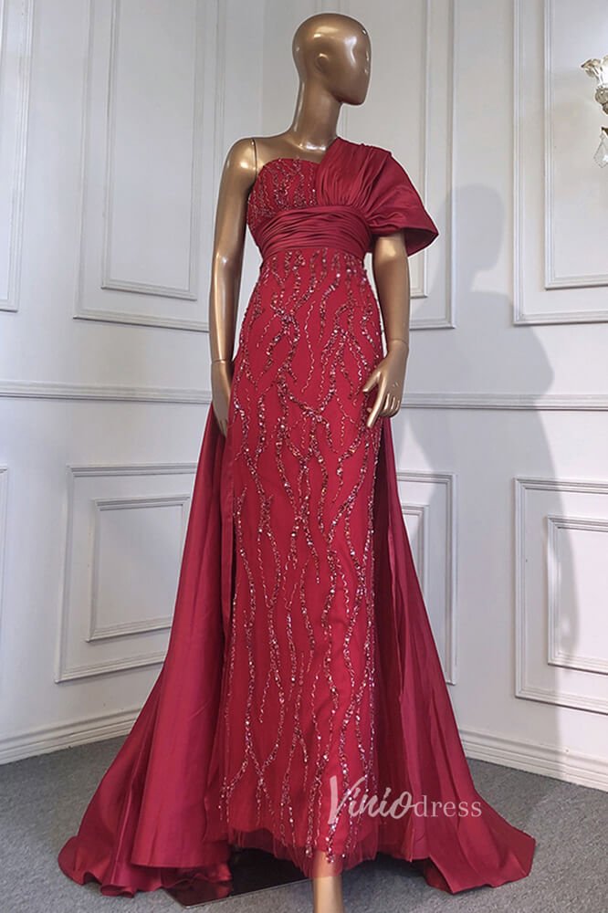 Emerald Green Satin Beaded Evening Dresses One Shoulder Prom Dress FD3024-prom dresses 2025 -Viniodress-Burgundy-US 2-