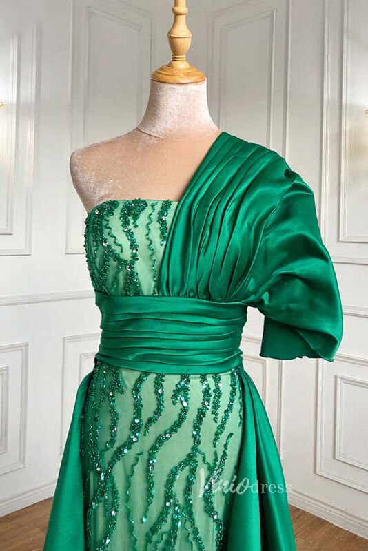 Emerald Green Satin Beaded Evening Dresses One Shoulder Prom Dress FD3 Viniodress Emerald Green Satin Beaded Evening Dresses One Shoulder Prom Dress FD3 Viniodress