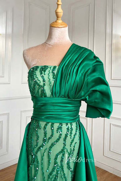 Emerald Green Satin Beaded Evening Dresses One Shoulder Prom Dress FD3024-prom dresses 2025 -Viniodress-Emerald Green-US 2-