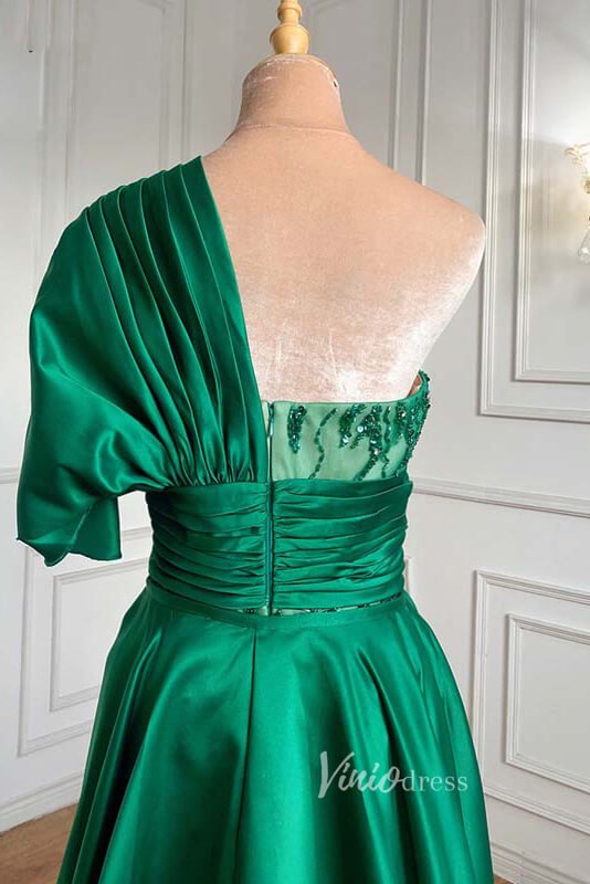 Emerald Green Satin Beaded Evening Dresses One Shoulder Prom Dress FD3 Viniodress Emerald Green Satin Beaded Evening Dresses One Shoulder Prom Dress FD3 Viniodress