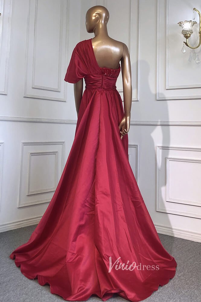 Emerald Green Satin Beaded Evening Dresses One Shoulder Prom Dress FD3024-prom dresses 2025 -Viniodress-Emerald Green-US 2-