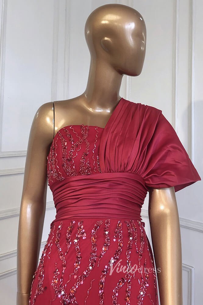Emerald Green Satin Beaded Evening Dresses One Shoulder Prom Dress FD3024-prom dresses 2025 -Viniodress-Emerald Green-US 2-