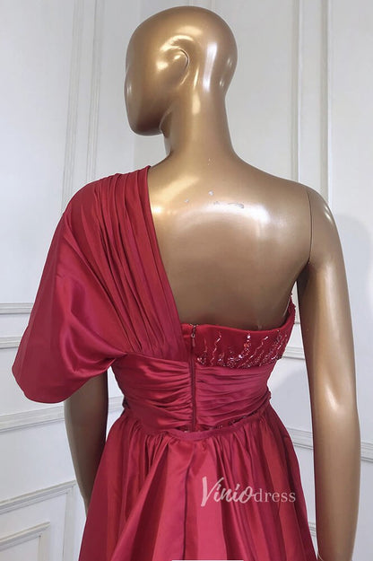 Emerald Green Satin Beaded Evening Dresses One Shoulder Prom Dress FD3024-prom dresses 2025 -Viniodress-Emerald Green-US 2-