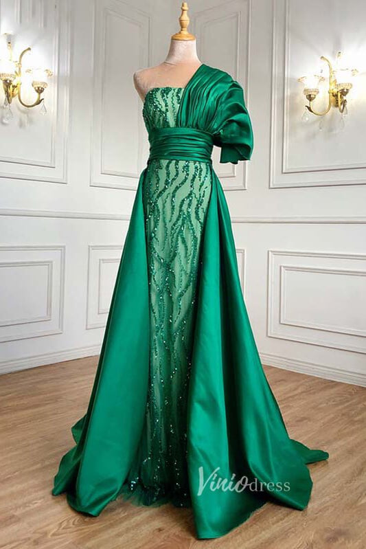 Emerald Green Satin Beaded Evening Dresses One Shoulder Prom Dress FD3024-prom dresses 2025 -Viniodress-Emerald Green-US 2-