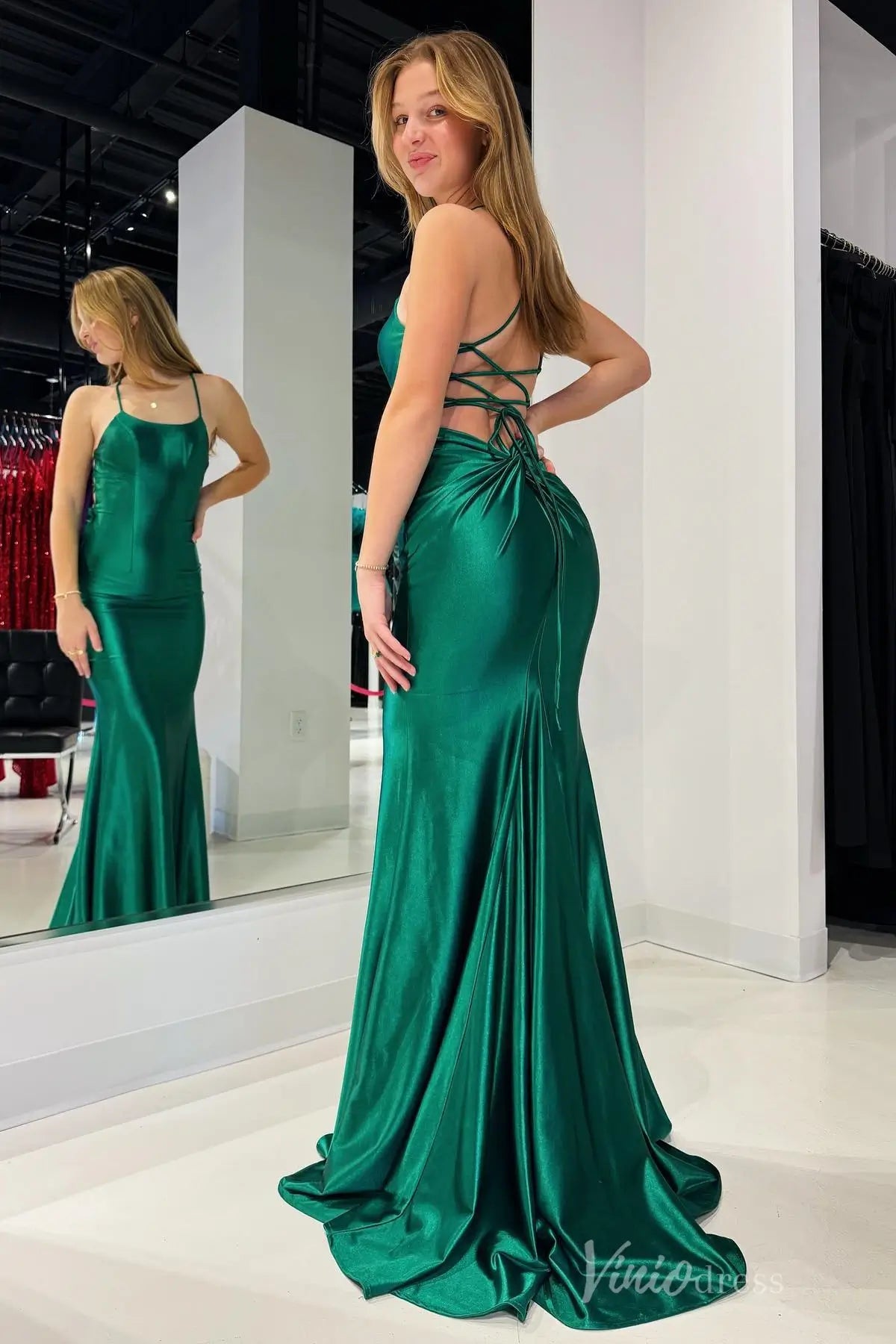 Emerald Green Satin Mermaid Prom Dress with Spaghetti Straps, Lace-Up Back – SS017-prom dresses 2025 -Viniodress-Green-Custom Size-