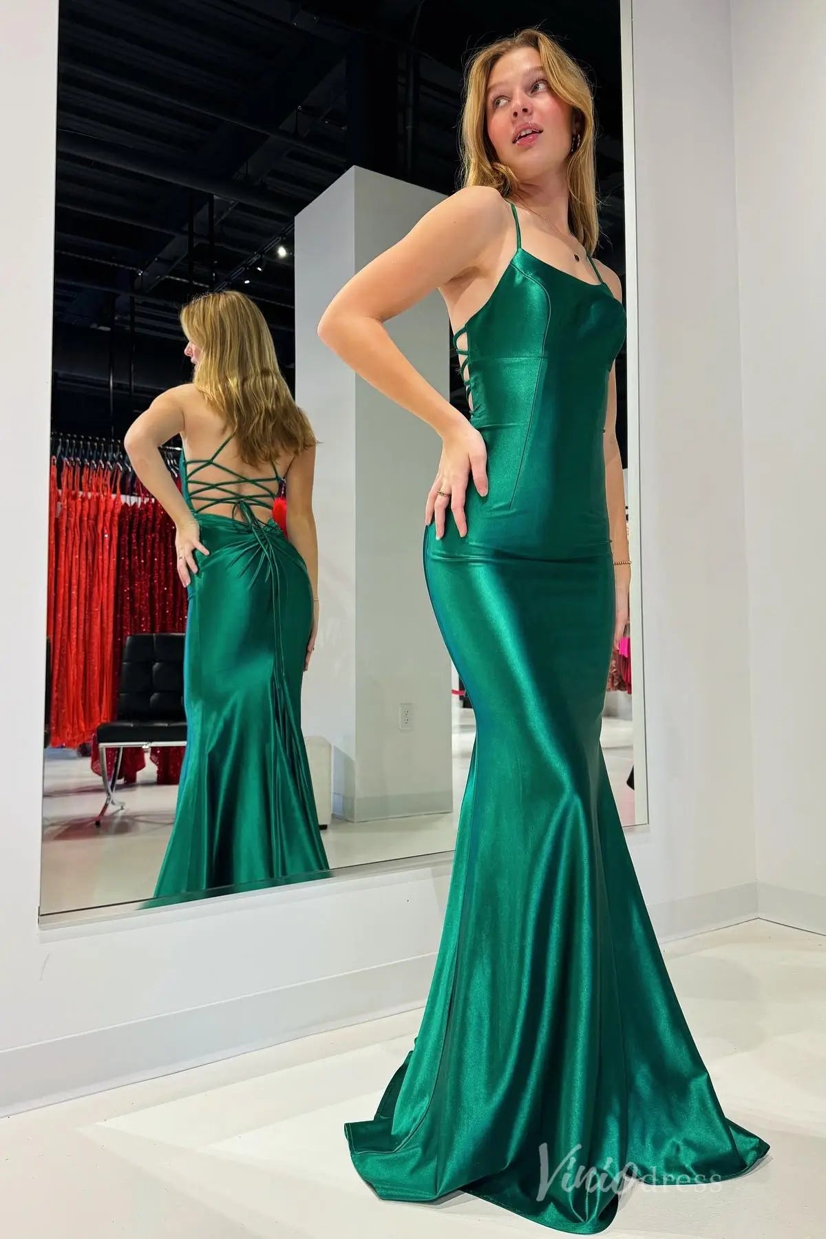 Emerald Green Satin Mermaid Prom Dress with Spaghetti Straps, Lace-Up Back – SS017-prom dresses 2025 -Viniodress-Green-Custom Size-