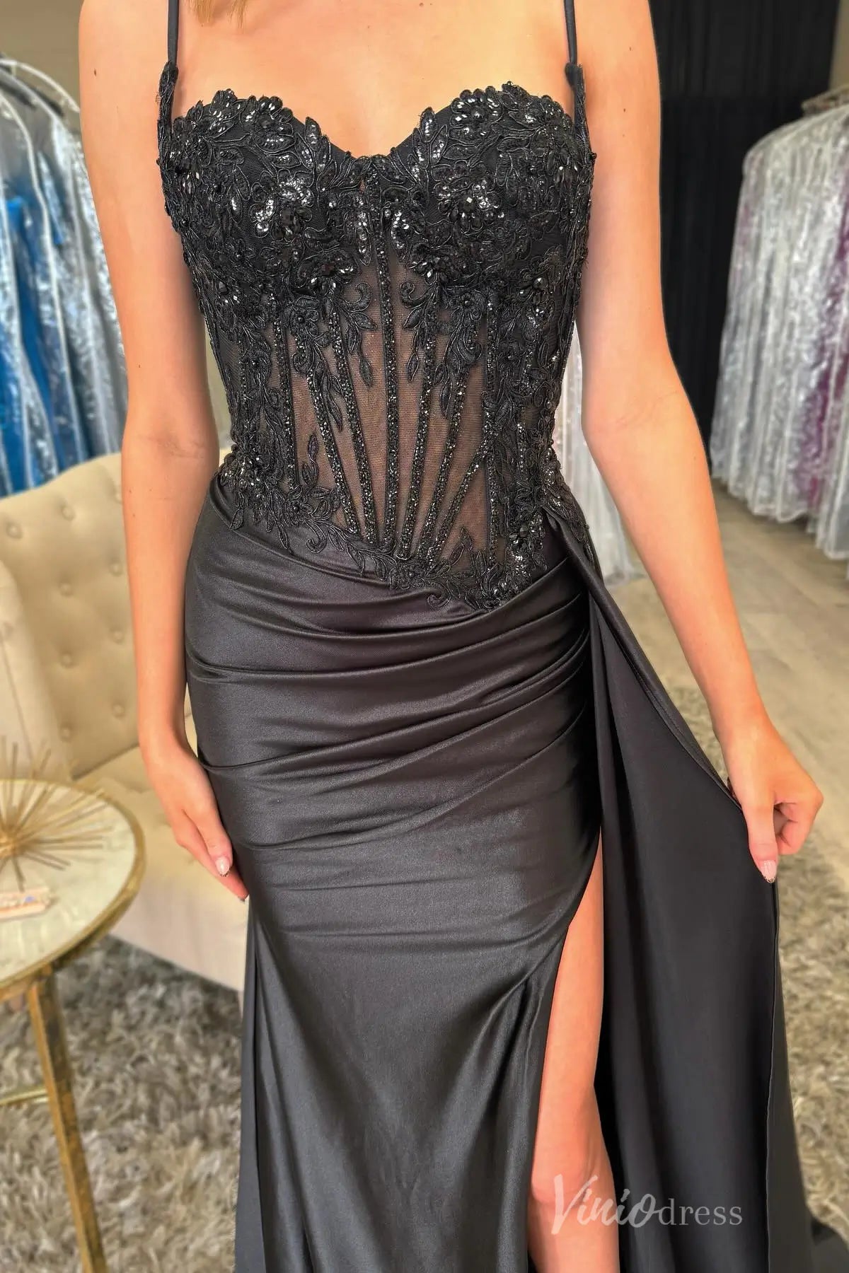 Emerald Green Satin Prom Dress with Beaded Corset Bodice, Spaghetti Straps, and High Slit – SS044-prom dresses 2025 -Viniodress-Green-Custom Size-