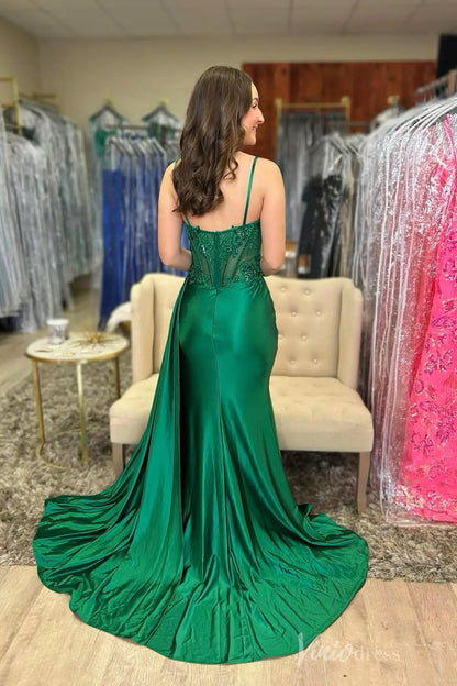Emerald Green Satin Prom Dress with Beaded Corset Bodice, Spaghetti Straps, and High Slit – SS044-prom dresses 2025 -Viniodress-Green-Custom Size-