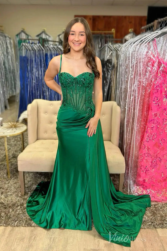 Emerald Green Satin Prom Dress with Beaded Corset Bodice, Spaghetti Straps, and High Slit – SS044-prom dresses 2025 -Viniodress-Green-Custom Size-