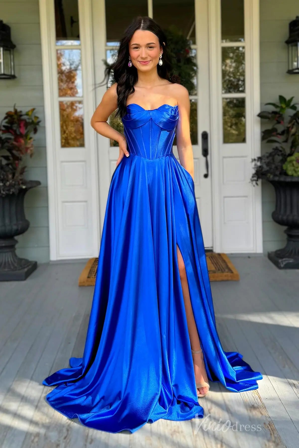 Emerald Green Satin Prom Dress with Strapless Draped Corset Bodice and High Slit – AS007-prom dresses 2025 -Viniodress-Blue-Custom Size-