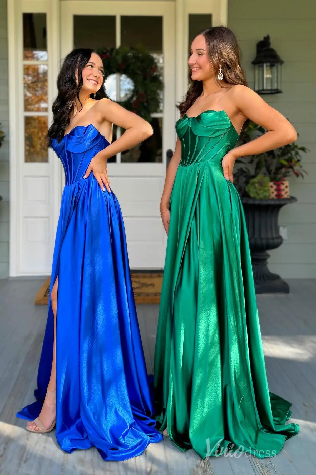 Emerald Green Satin Prom Dress with Corset Bodice and Slit AS007 Viniodress Emerald Green Satin Prom Dress with Corset Bodice and Slit AS007 Viniodress