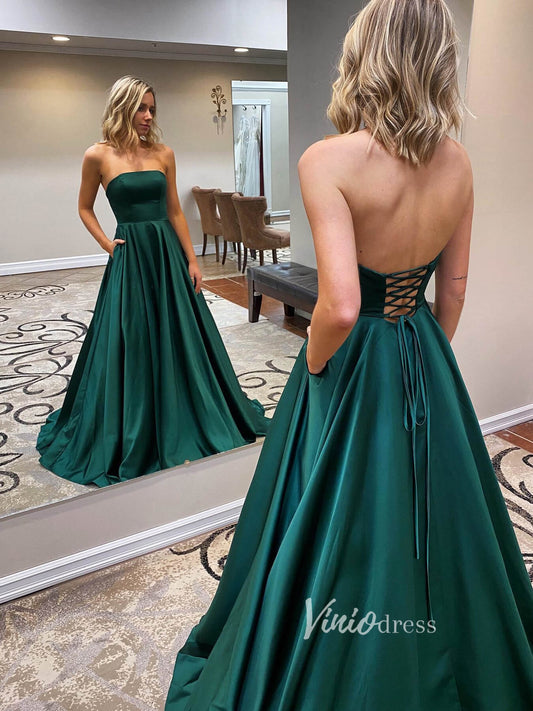 Emerald Green Satin Prom Dresses with Pockets, Strapless, Lace-up Back FD2718-prom dresses 2025 -Viniodress-Emerald Green-Custom Size-