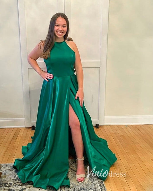 Emerald Green Satin Prom Dresses with Slit Halter Neck Evening Dress FD3360-prom dresses 2025 -Viniodress-Emerald Green-Custom Size-