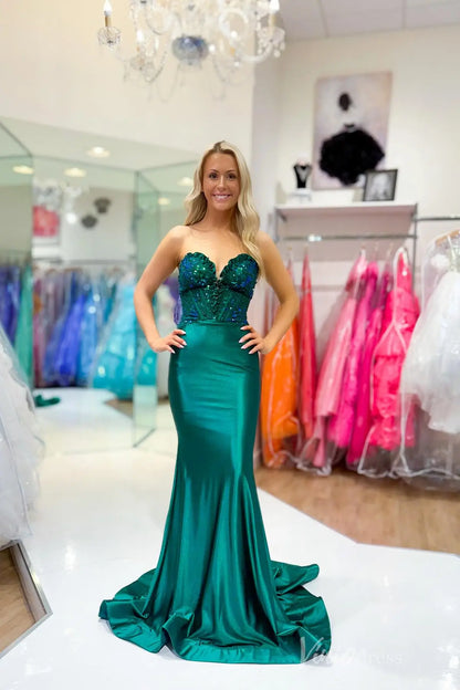 Emerald Green Satin Strapless Mermaid Prom Dress with Sequin Lace Bodice, Sweetheart Neck, Lace-Up Back – SS109-prom dresses 2025 -Viniodress-Emerald-Custom Size-