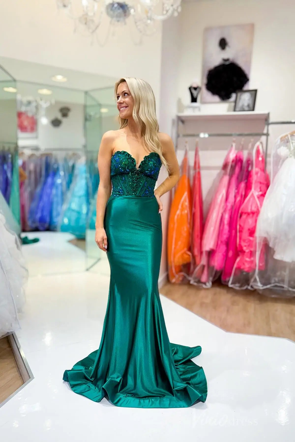 Emerald Green Satin Strapless Mermaid Prom Dress with Sequin Lace Bodice, Sweetheart Neck, Lace-Up Back – SS109-prom dresses 2025 -Viniodress-Emerald-Custom Size-