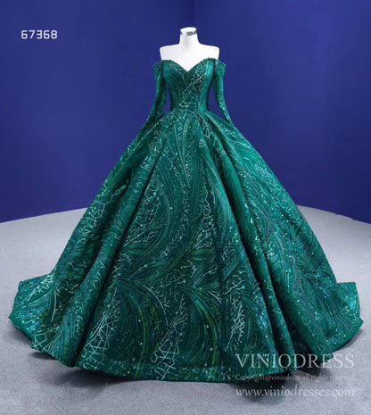 Emerald Green Sequin Lace Ball Gown Long Sleeve Wedding Dress 67368 viniodress-Quinceanera Dresses 2025 -Viniodress-Emerald Green-Custom Size-