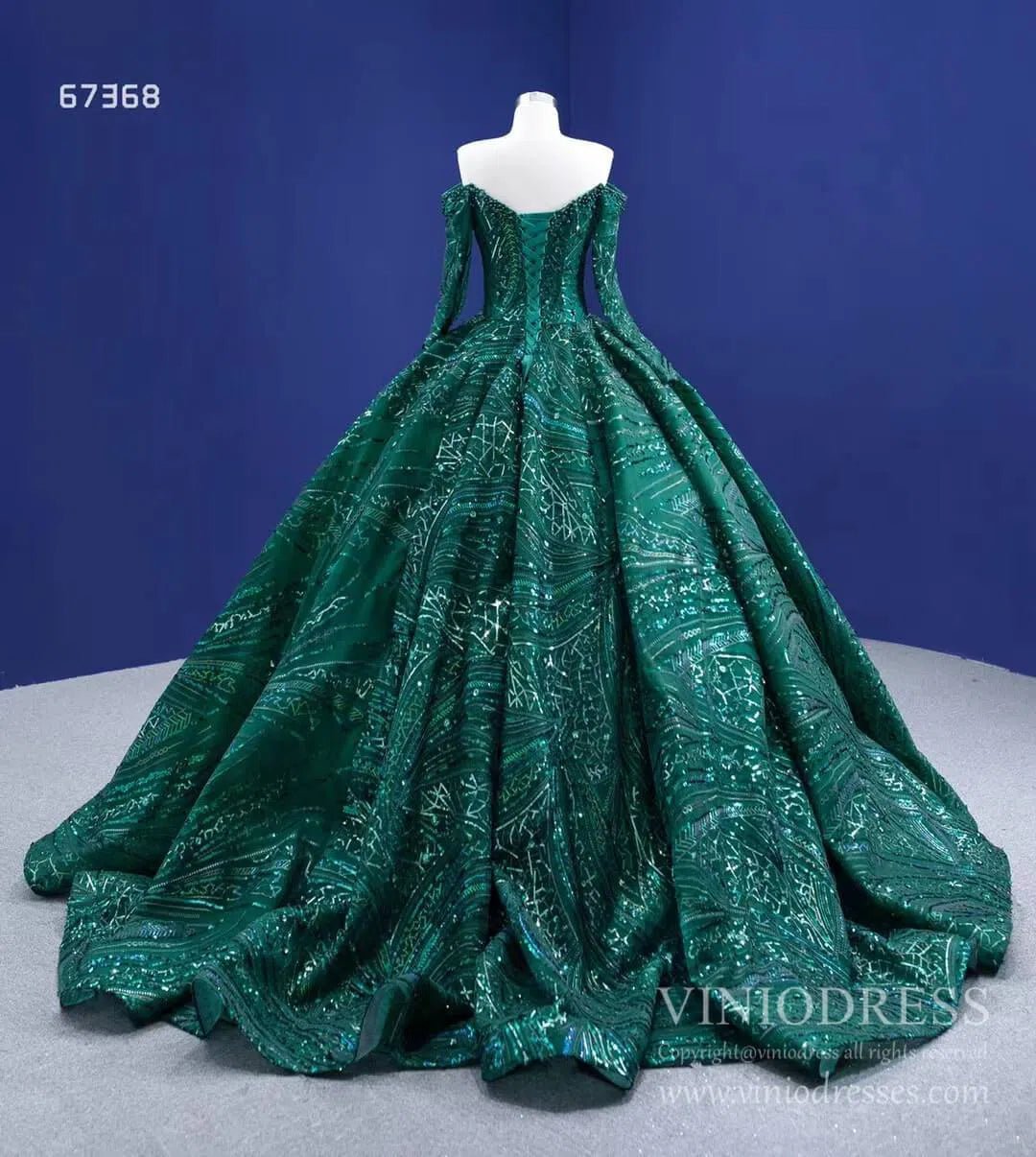 Emerald Green Sequin Lace Ball Gown Long Sleeve Wedding Dress 67368 viniodress-Quinceanera Dresses 2025 -Viniodress-Emerald Green-Custom Size-