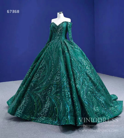 Emerald Green Sequin Lace Ball Gown Long Sleeve Wedding Dress 67368 viniodress-Quinceanera Dresses 2025 -Viniodress-Emerald Green-Custom Size-
