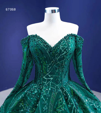 Emerald Green Sequin Lace Ball Gown Long Sleeve Wedding Dress 67368 viniodress-Quinceanera Dresses 2025 -Viniodress-Emerald Green-Custom Size-