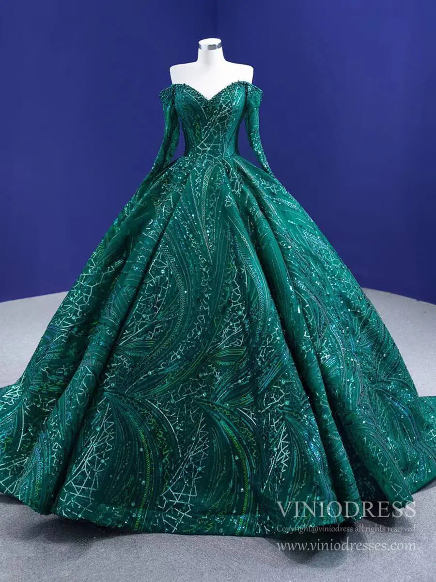 Emerald Green Sequin Lace Ball Gown Long Sleeve Wedding Dress 67368 viniodress-Quinceanera Dresses-Viniodress-Viniodress