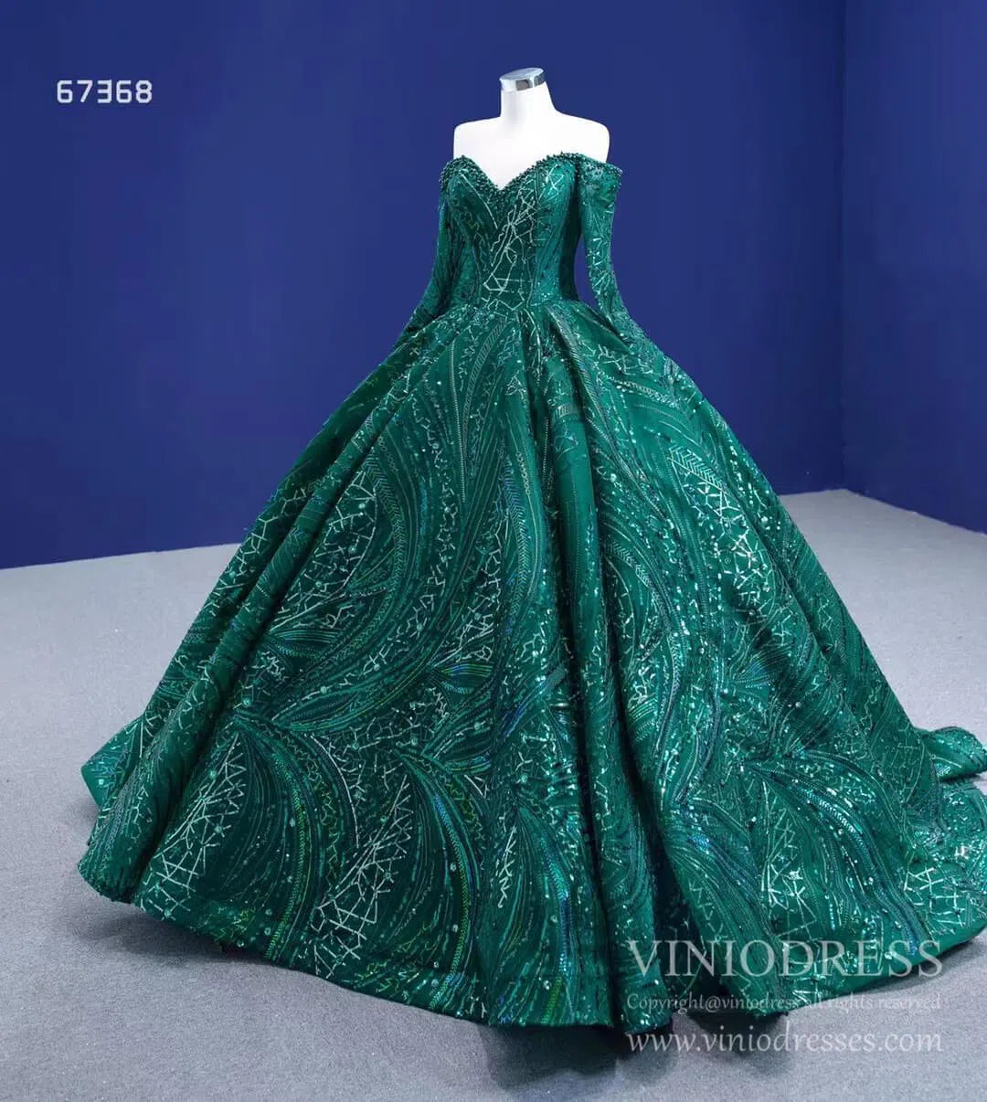 Emerald Green Sequin Lace Ball Gown Long Sleeve Wedding Dress 67368 viniodress-Quinceanera Dresses-Viniodress-Viniodress