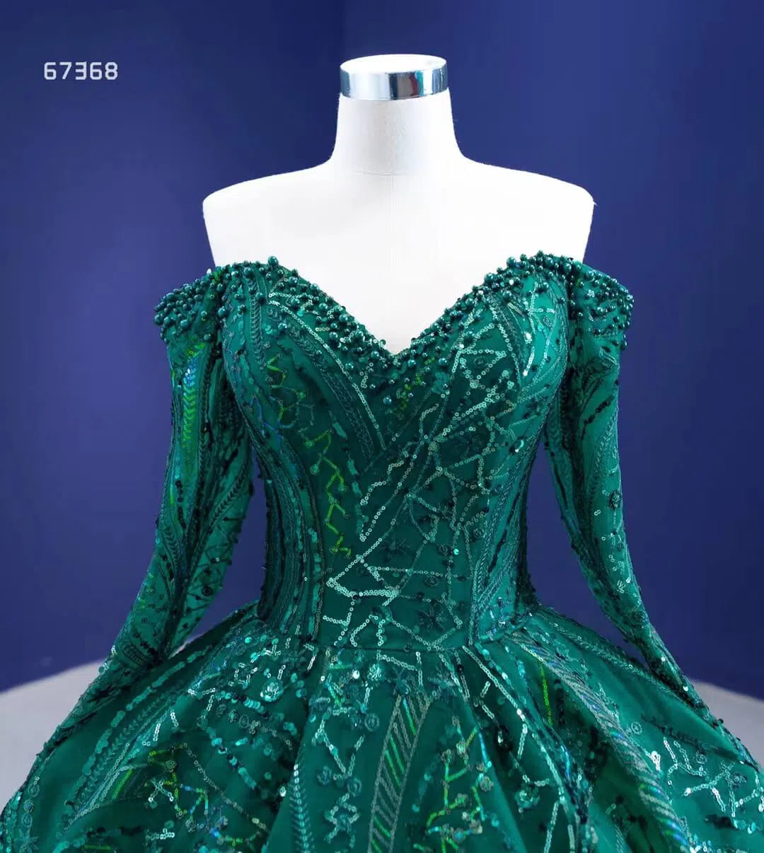 Emerald Green Sequin Lace Ball Gown Long Sleeve Wedding Dress 67368 viniodress-Quinceanera Dresses-Viniodress-Viniodress