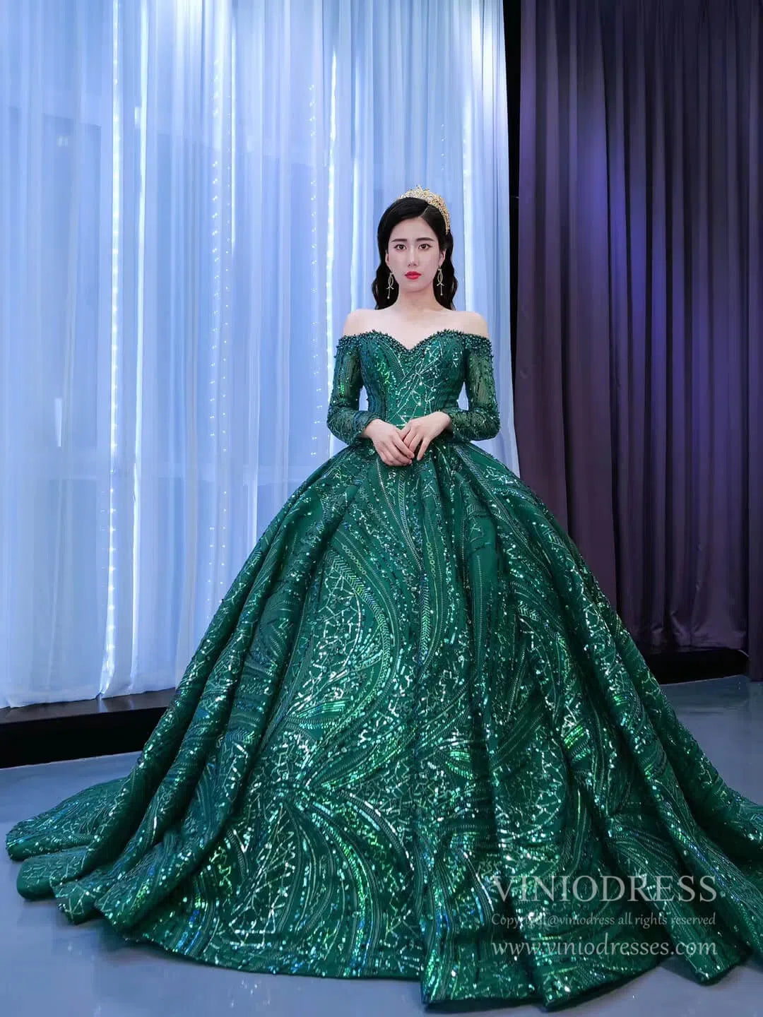 Emerald Green Sequin Lace Ball Gown Long Sleeve Wedding Dress 67368 viniodress-Quinceanera Dresses-Viniodress-Viniodress