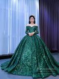 Emerald Green Sequin Lace Ball Gown Long Sleeve Wedding Dress 67368 viniodress-Quinceanera Dresses-Viniodress-Viniodress