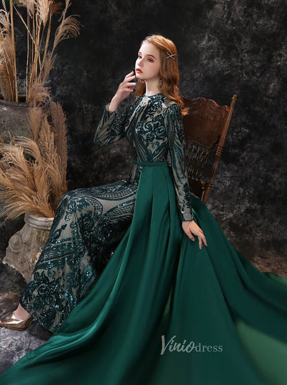 Emerald Green Sequin Prom Dress Detachable Overskirt FD2706-prom dresses 2025 -Viniodress-One Shoulder-Emerald Green-Custom Size
