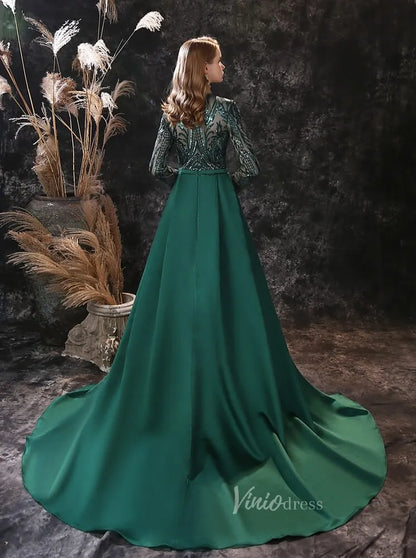 Emerald Green Sequin Prom Dress Detachable Overskirt FD2706-prom dresses 2025 -Viniodress-One Shoulder-Emerald Green-Custom Size