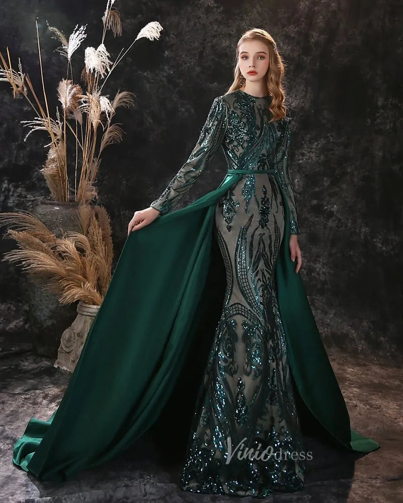 Emerald Green Sequin Prom Dress Detachable Overskirt FD2706 Viniodress Emerald Green Sequin Prom Dress Detachable Overskirt FD2706 Viniodress
