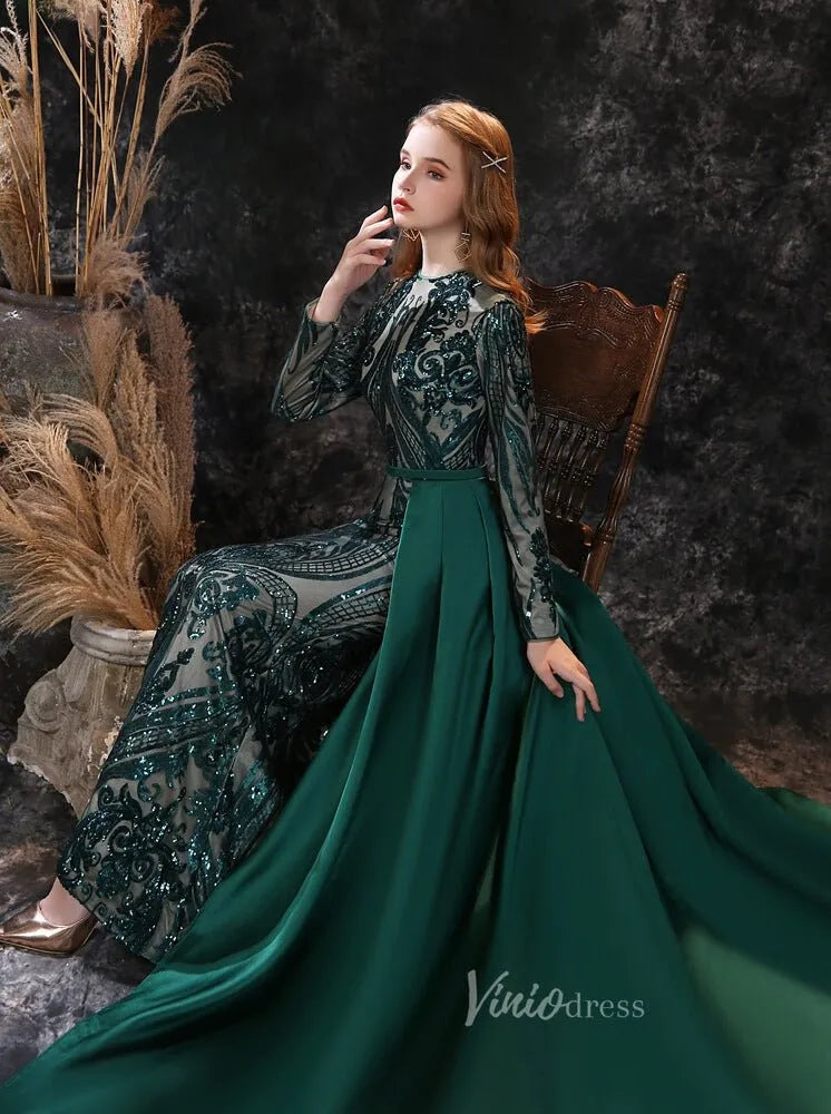 Emerald Green Sequin Prom Dress Detachable Overskirt FD2706-prom dresses 2025 -Viniodress-One Shoulder-Emerald Green-Custom Size