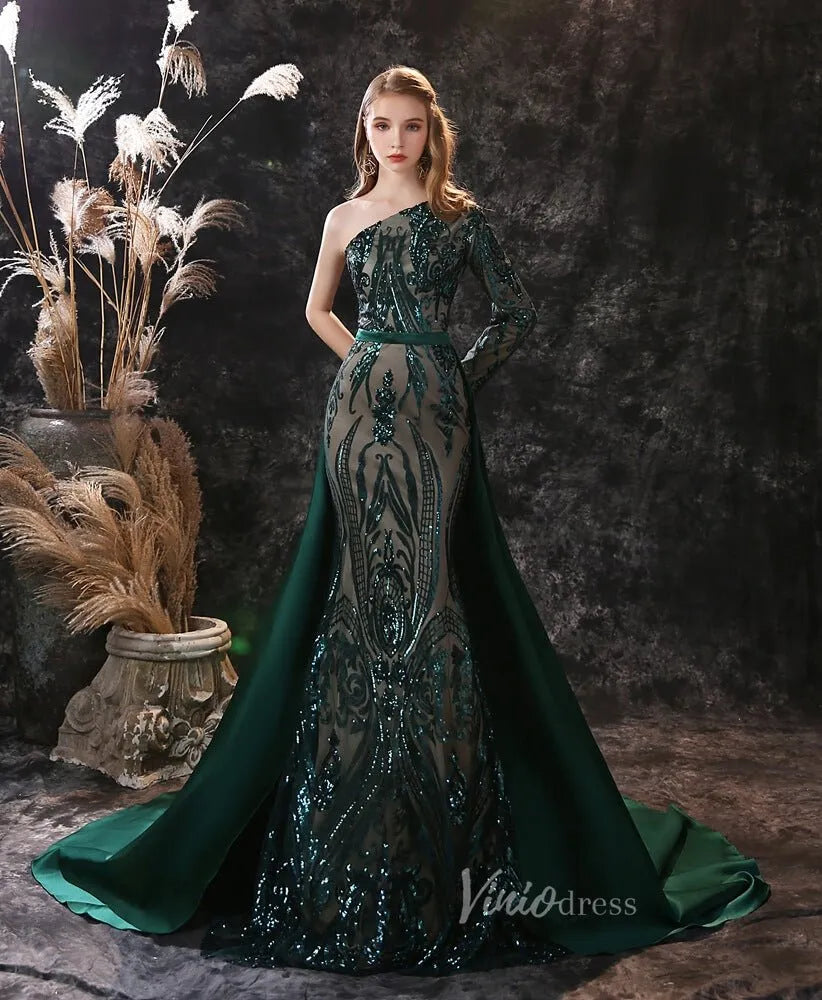 Emerald Green Sequin Prom Dress Detachable Overskirt FD2706-prom dresses 2025 -Viniodress-One Shoulder-Emerald Green-Custom Size