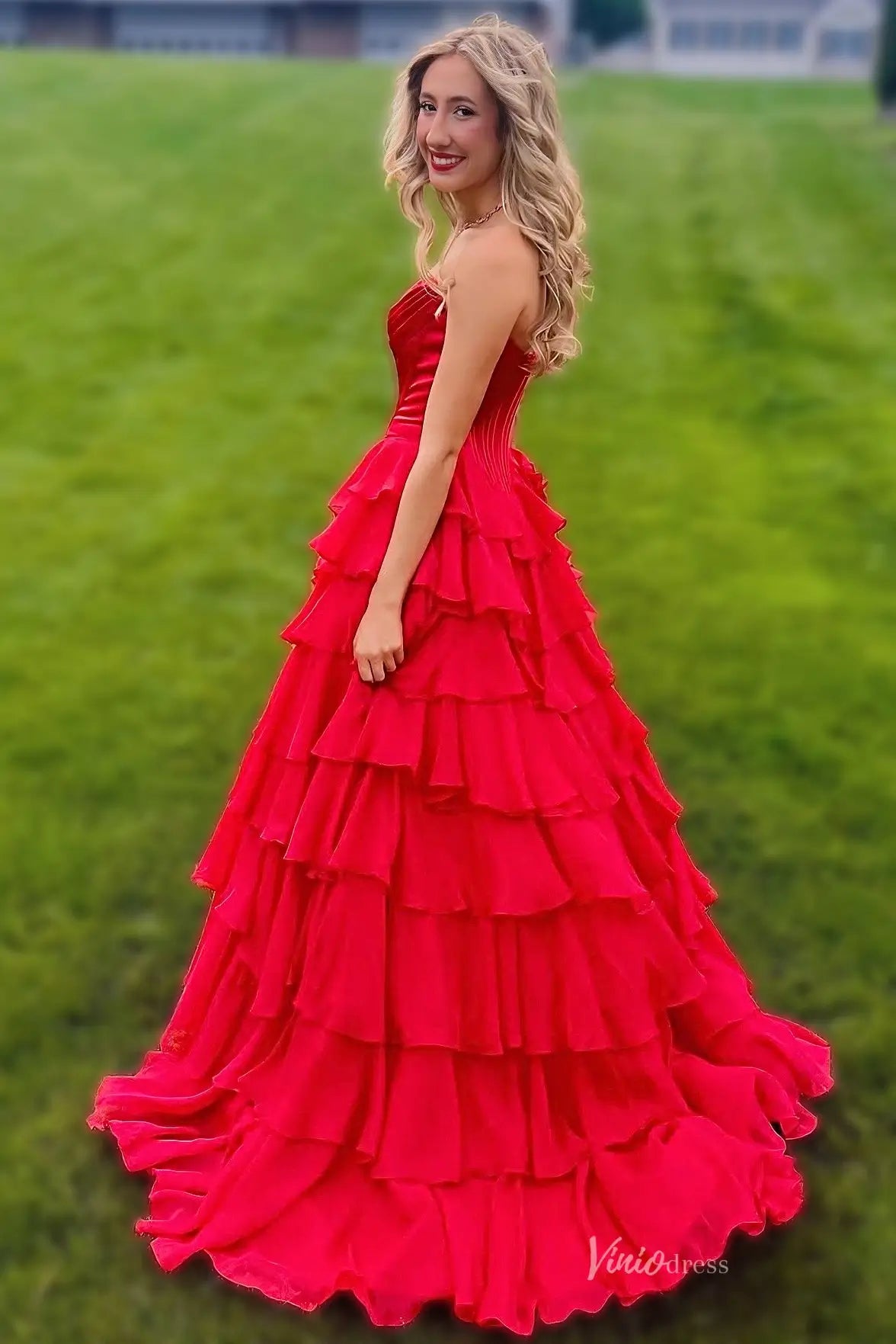 Emerald Green Strapless Corset Prom Dress with Tiered Ruffle Skirt & Slit RF301-prom dresses 2026-Viniodress-Emerald-Custom Size-