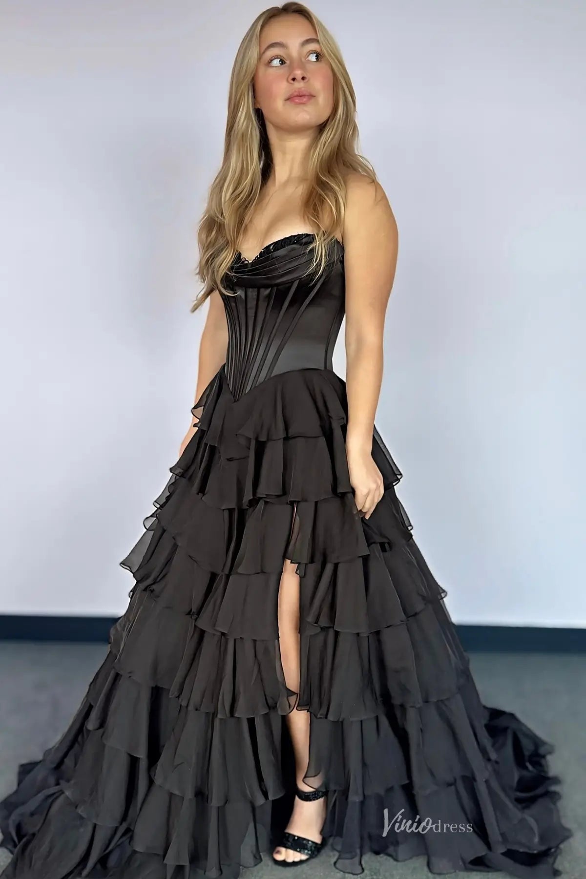 Emerald Green Strapless Corset Prom Dress with Tiered Ruffle Skirt & Slit RF301-prom dresses 2026-Viniodress-Emerald-Custom Size-