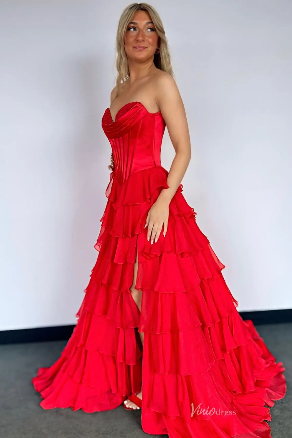 Emerald Green Strapless Corset Prom Dress with Tiered Ruffle Skirt & Slit RF301-prom dresses 2026-Viniodress-Emerald-Custom Size-