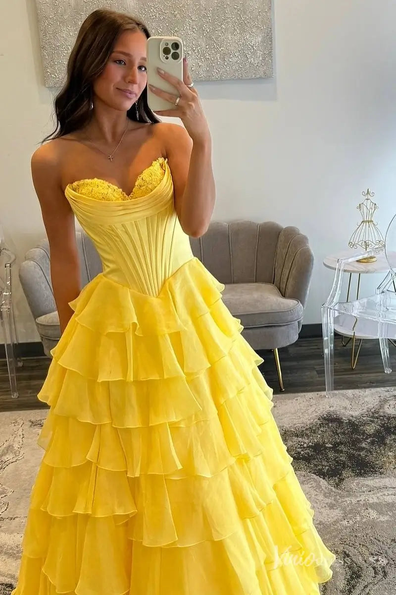 Emerald Green Strapless Corset Prom Dress with Tiered Ruffle Skirt & S –  Viniodress