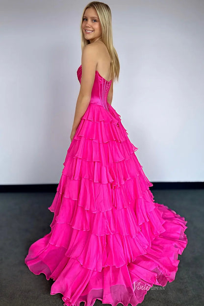 Emerald Green Strapless Corset Prom Dress with Tiered Ruffle Skirt & Slit RF301-prom dresses 2026-Viniodress-Emerald-Custom Size-