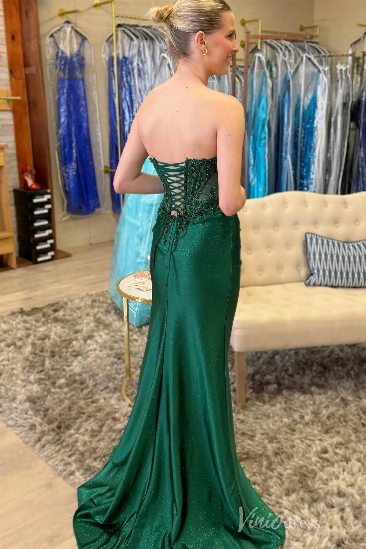 Emerald Green Strapless Glitter Prom Dress with Beaded Appliqué, Sheer Corset Bodice, and High Slit – SS072-Prom Dresses 2025 -VINIODRESS-Emerald-Custom Size-