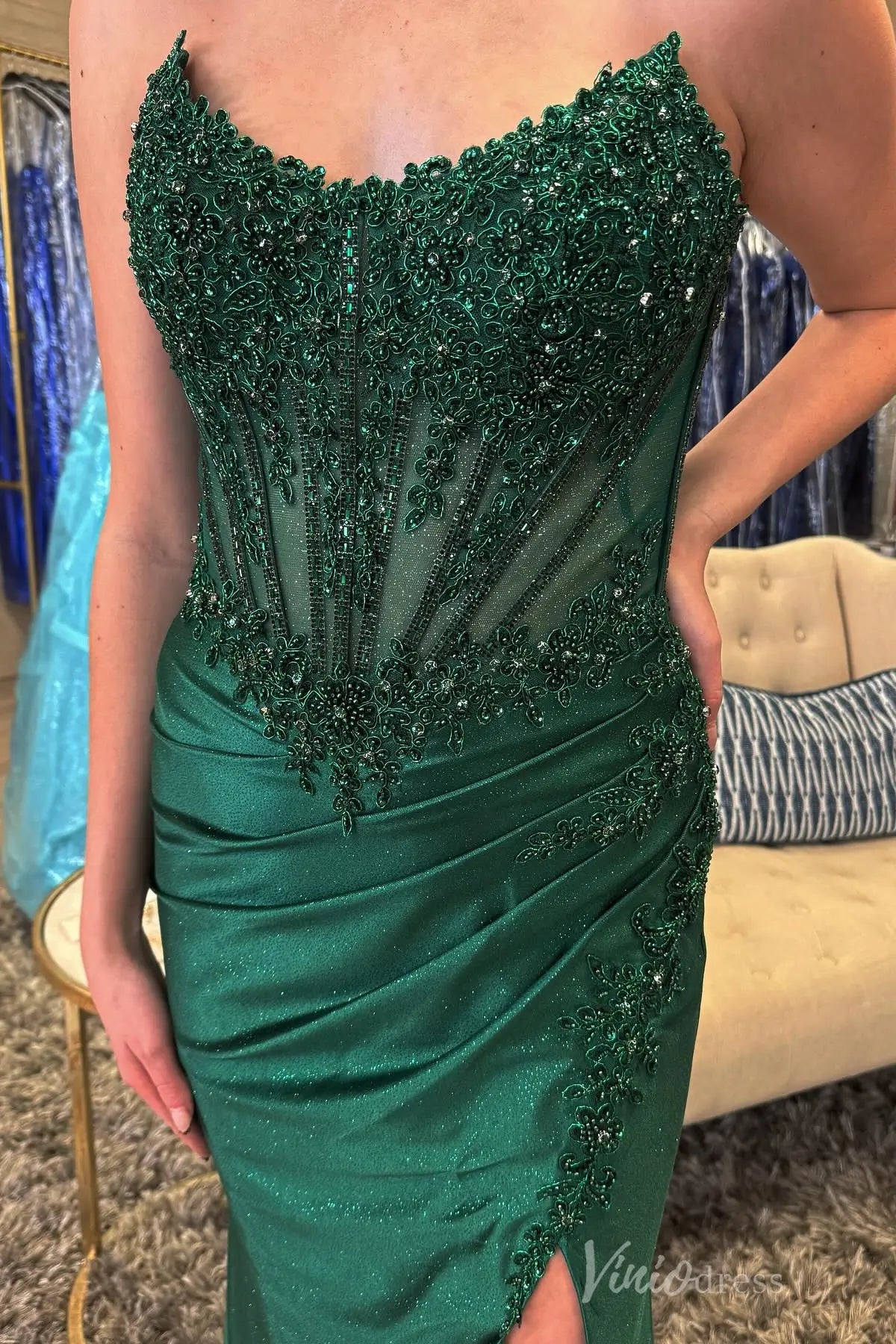 Emerald Green Strapless Glitter Prom Dress with Beaded Appliqué, Sheer Corset Bodice, and High Slit – SS072-Prom Dresses 2025 -VINIODRESS-Emerald-Custom Size-