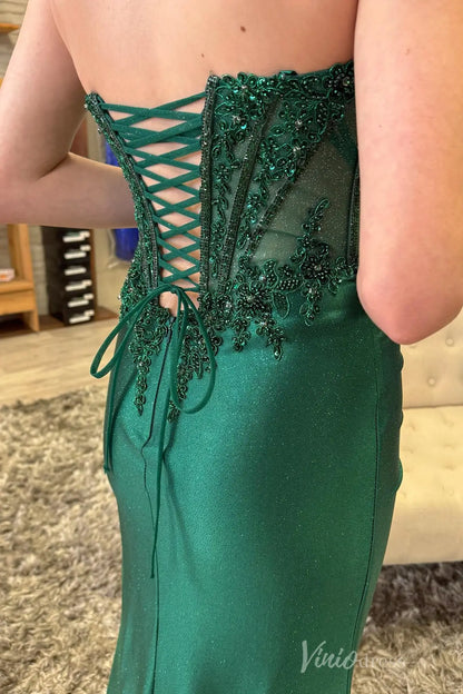 Emerald Green Strapless Glitter Prom Dress with Beaded Appliqué, Sheer Corset Bodice, and High Slit – SS072-Prom Dresses 2025 -VINIODRESS-Emerald-Custom Size-