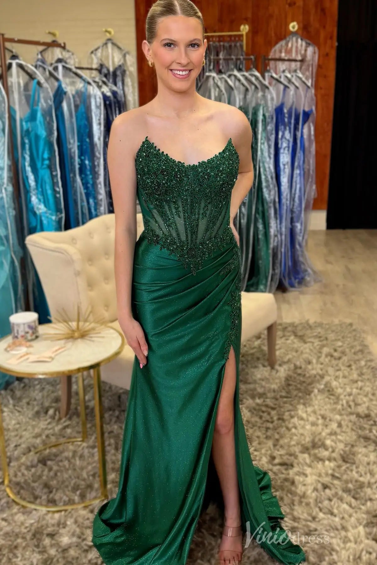 Emerald Green Strapless Glitter Prom Dress with Beaded Appliqué, Sheer Corset Bodice, and High Slit – SS072-Prom Dresses 2025 -VINIODRESS-Emerald-Custom Size-