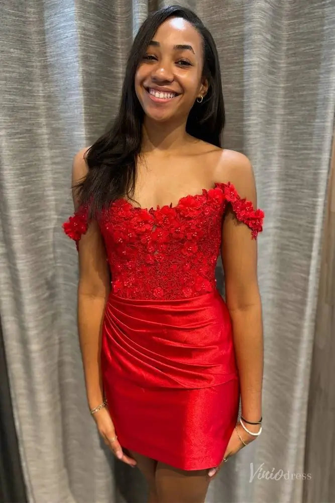 Emerald Green Strapless Homecoming Dress with 3D Floral Appliqué Bodice, Off-Shoulder Neck & Satin Mini Skirt – H1200-Homecoming Dresses 2025 -Viniodress-Emerald-Custom Size-