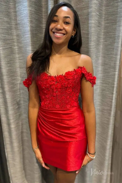 Emerald Green Strapless Homecoming Dress with 3D Floral Appliqué Bodice, Off-Shoulder Neck & Satin Mini Skirt – H1200-Homecoming Dresses 2025 -Viniodress-Emerald-Custom Size-